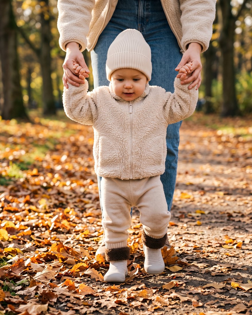 Kleinkind läuft an Mamas Händen durchs Herbstlaub