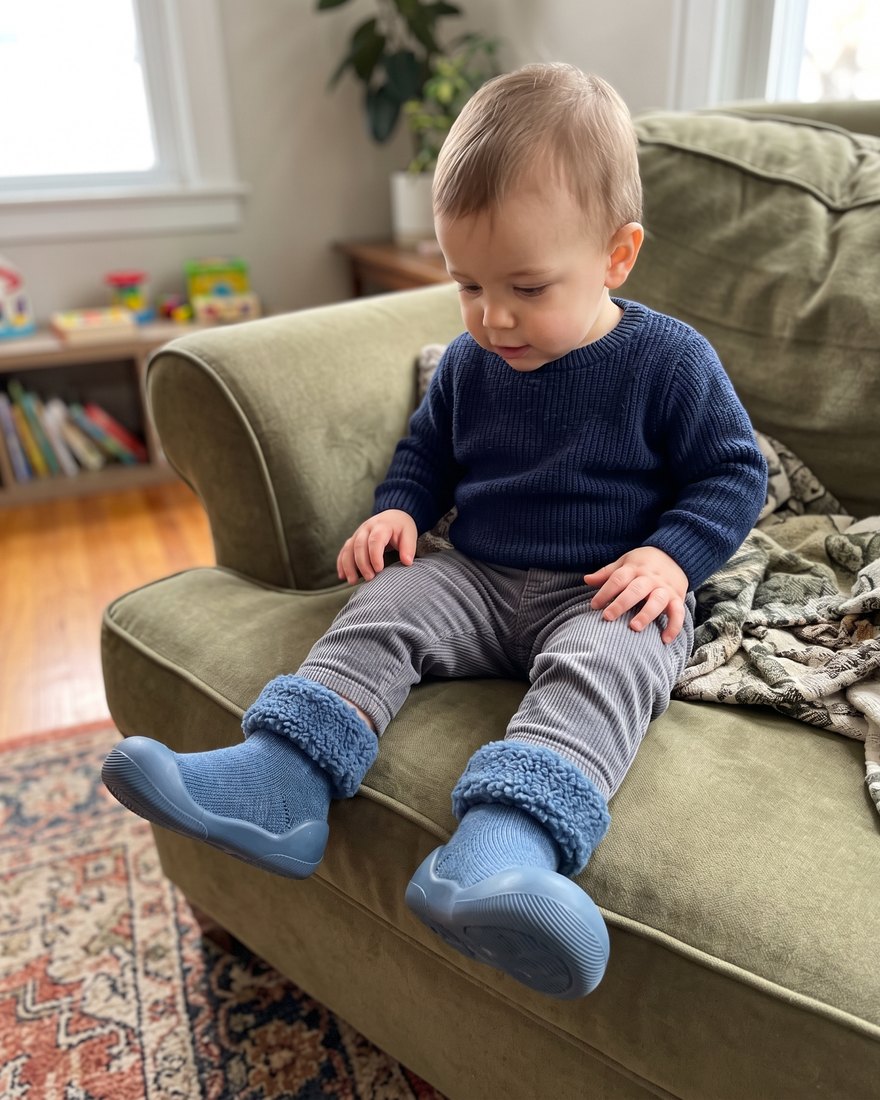 Kleinkind sitzt mit SockFit im Sessel