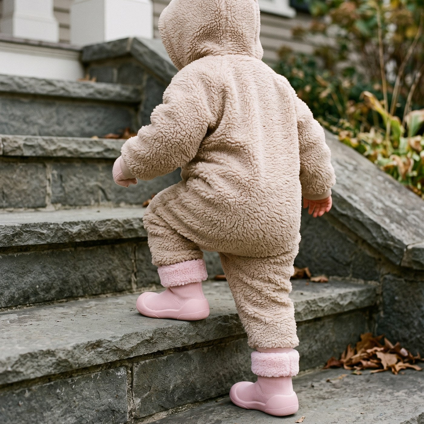 Kleinkind mit SockFit auf einer Treppe